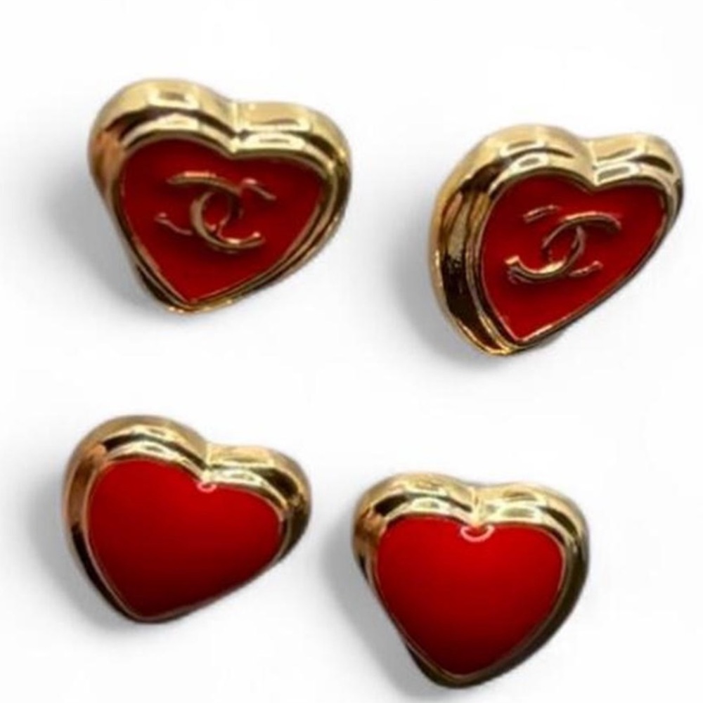 Doubled CC Red Heart Gold-Tone Stud Earring Set